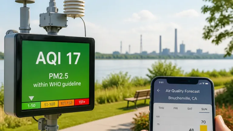 Boucherville air quality: PM2.5 within WHO guideline; short-term AQI forecast shows rise this weekend