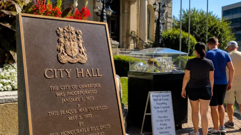 Cambridge unveils plaque honouring Galt Football Club as travelling soccer capsule arrives