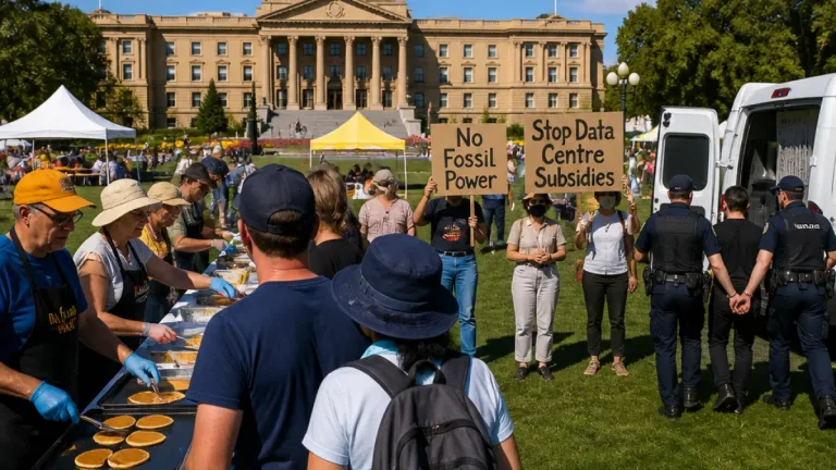 Danielle Smith flips pancakes at KDays kickoff as protesters confront her over data centre, coal policies