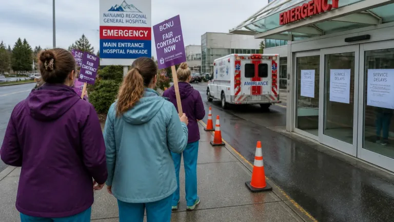 Nanaimo health services disrupted as striking nurses picket outside NRGH