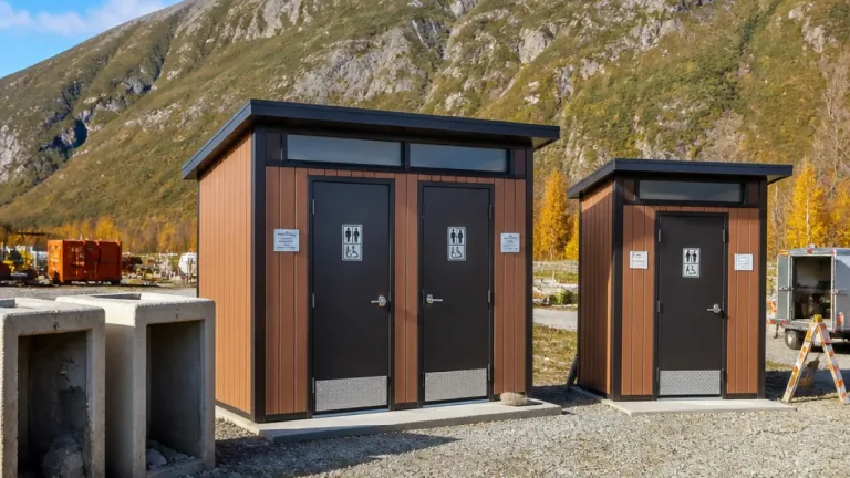 New accessible metal-framed outhouses replace crumbling concrete at Stewart Crossing rest stop