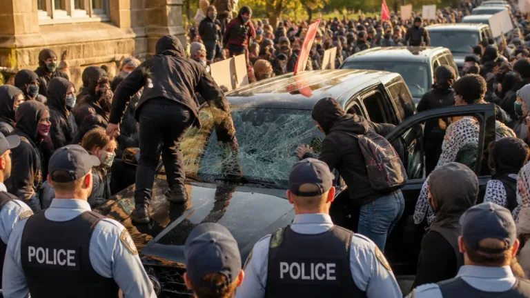 Protesters swarm Premier Tim Houston's vehicle in Wolfville; windshield smashed