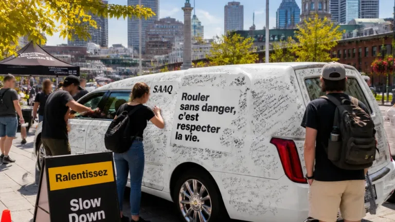 SAAQ sends white hearse across Quebec to confront deadly construction-holiday risks