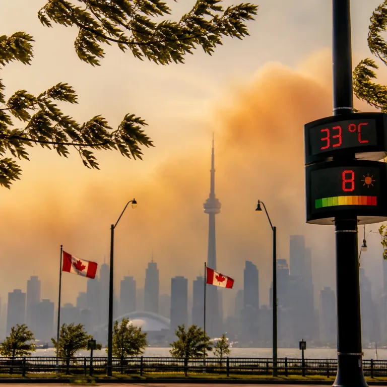 Toronto under widespread smoke as heat builds to around 33 °C; humidex near 36