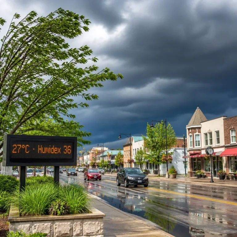 Cloudy, humid day in Cambridge with risk of thunderstorms and gusty northwest winds